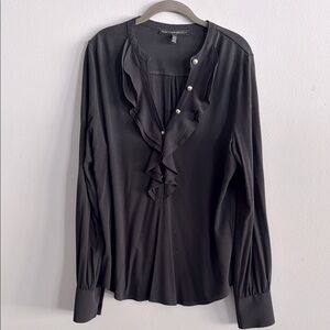 White House Black Market Black Ruffled Blouse with Mandarin Collar